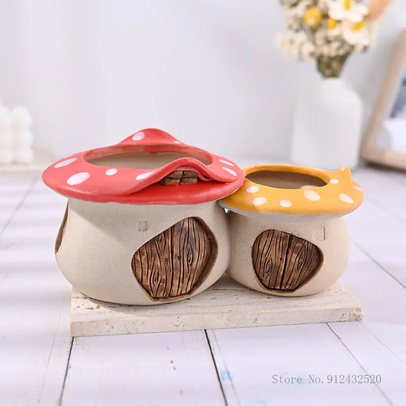 Nordic Hand-painted Ceramic Flower Pot, Cute Cartoon Mushroom House Shaped, Creative, Breathable, Home Decoration, Flower Pot