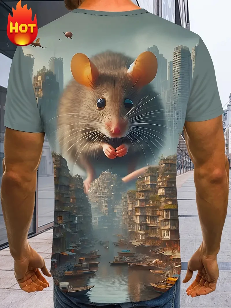 Funny Cartoon Mouse Pattern T Shirt For Men Cute Animal 3D Printed Short Sleeve Tops Summer Casual Round Neck Loose Tee Shirts