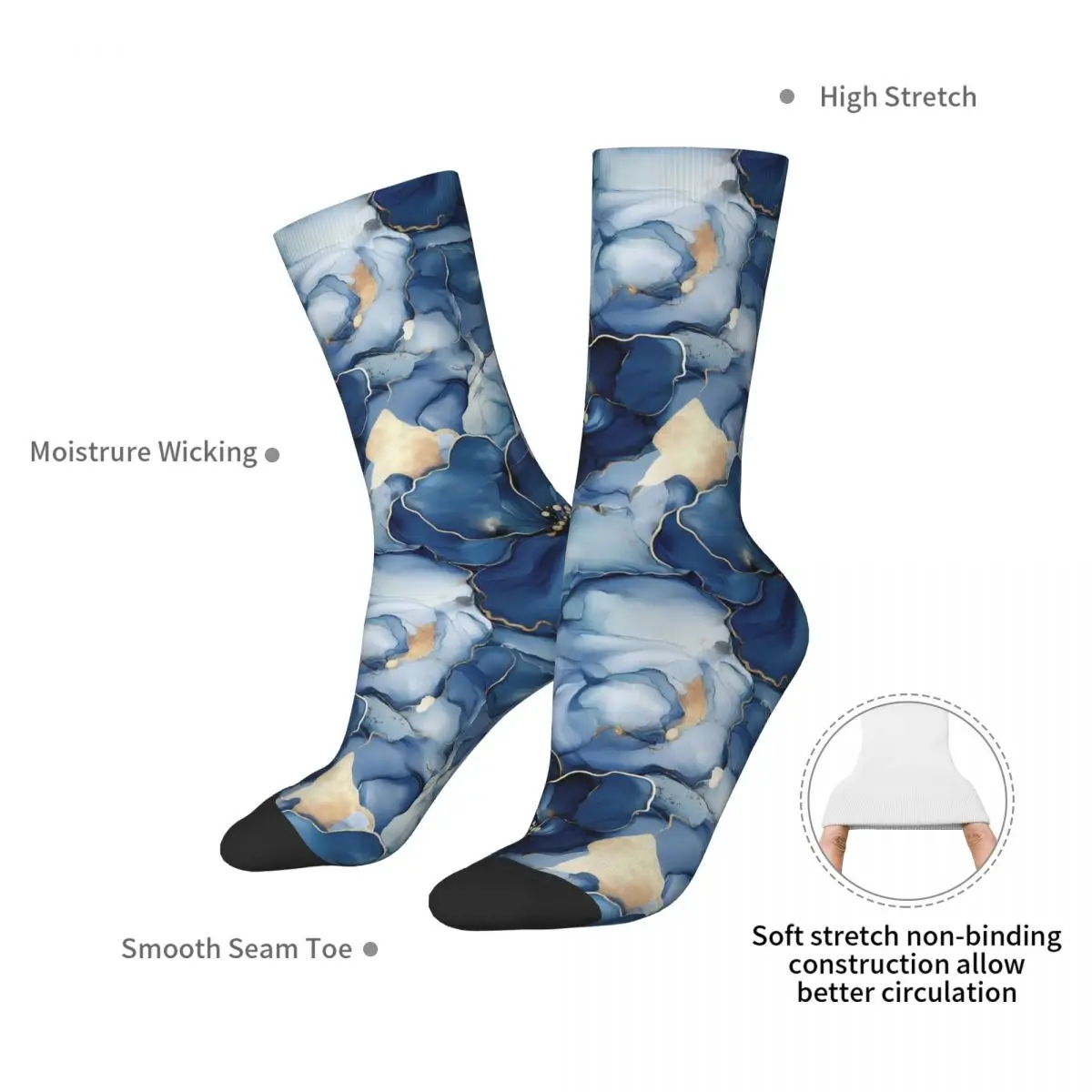 Navy Blue Alcohol Ink Flowers Socks Harajuku Soft Stockings All Season Long Socks Accessories for Man's Woman's Birthday Present