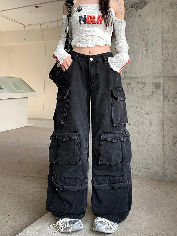 Women Black Gothic Baggy Cargo Jeans Harajuku Denim Trousers Y2k Vintage Japanese 2000s Style Emo Jean Pants Trashy Clothes 2024