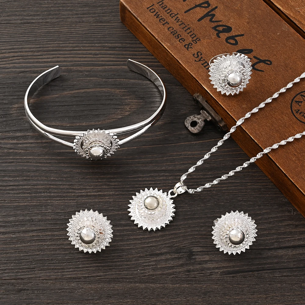 SilveR Color Ethiopian Polish Women Men Jewelry Necklace Earring Ring African Bridal Set Israel Habesha Eritrea Party Gifts