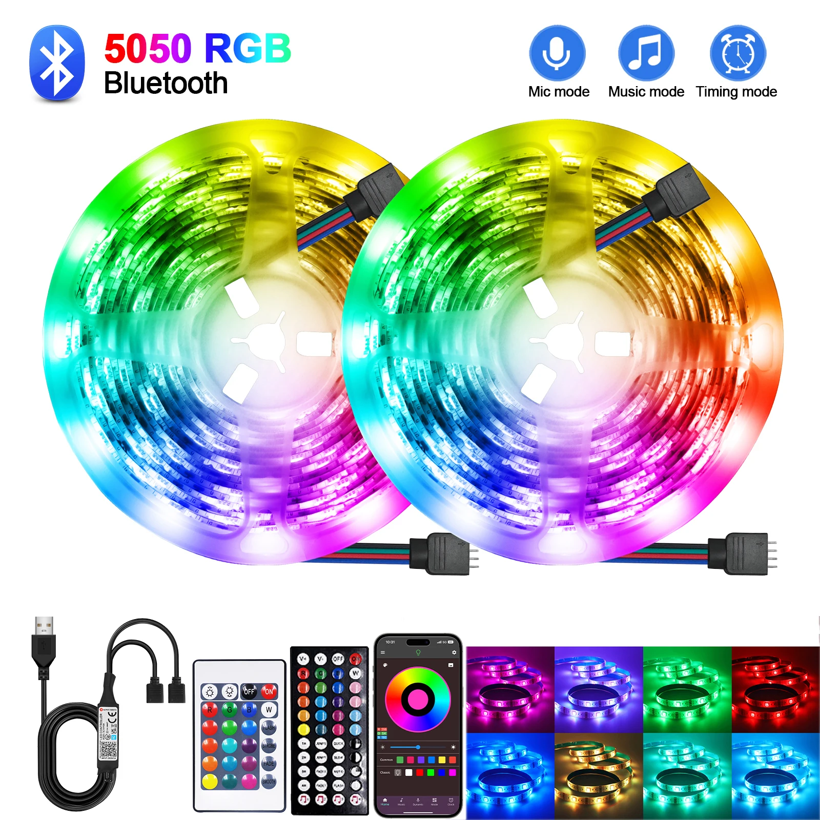 USB LED Strip Lights RGB 5050 30LEDs/m Bluetooth App Control Waterproof Flex Tape LED Lights Decoration for Room TV BackLight