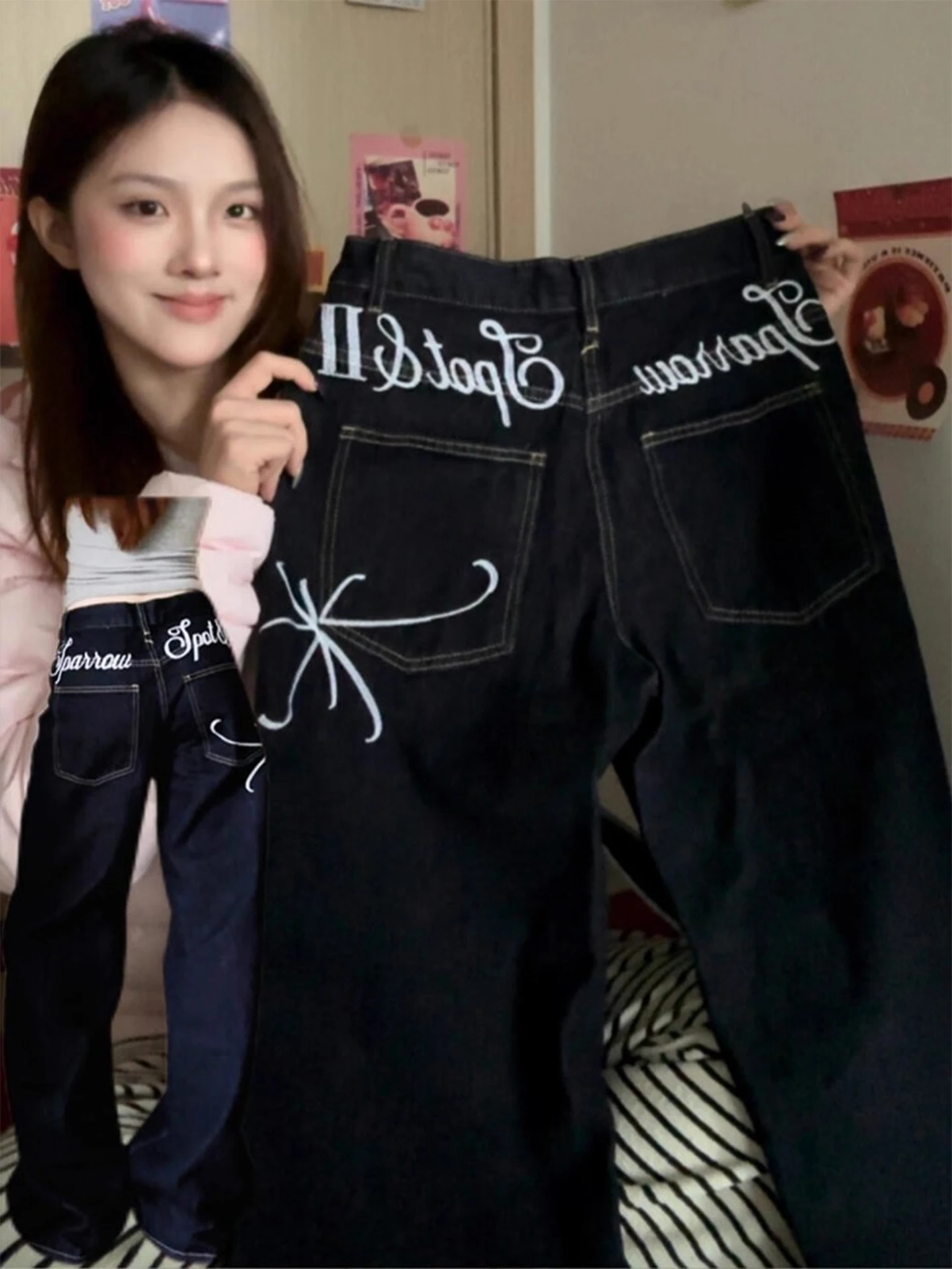 

Deep Blue Denim High Waist Trousers with Embroidered Letters Knife Design Women's Faion Casual Wide Leg Jeans