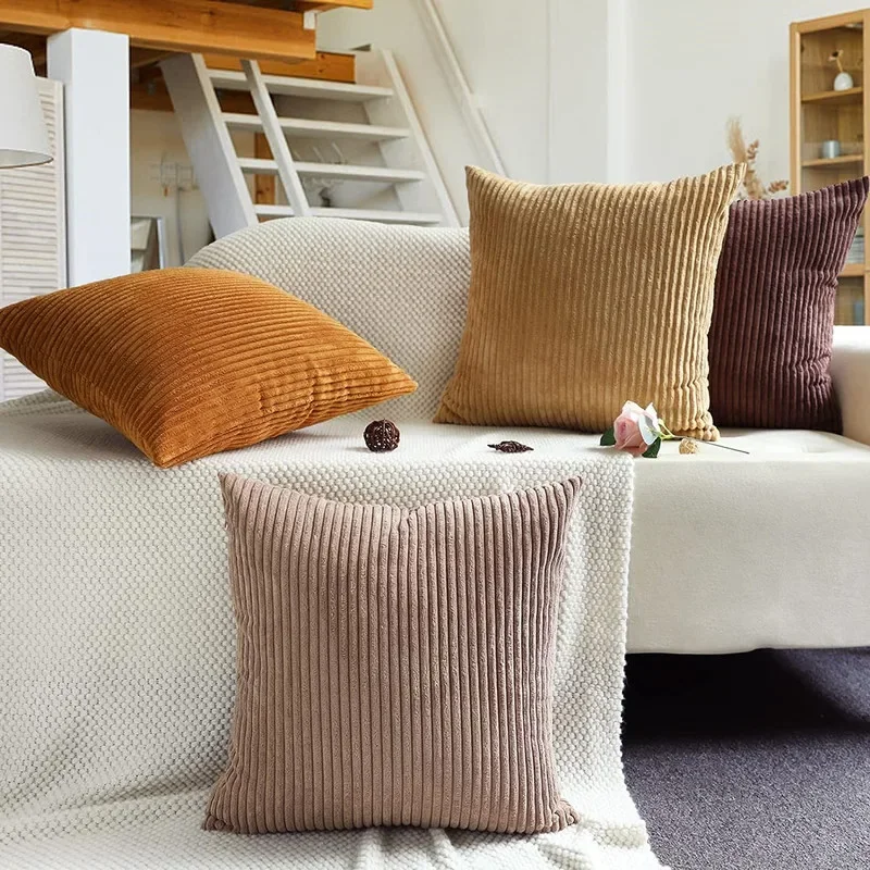 1Pc Solid Color Big Corn Striped Corduroy Decorative Pillowcase Cushion Cover Soft Throw Pillow Case for Couch Sofa Bed