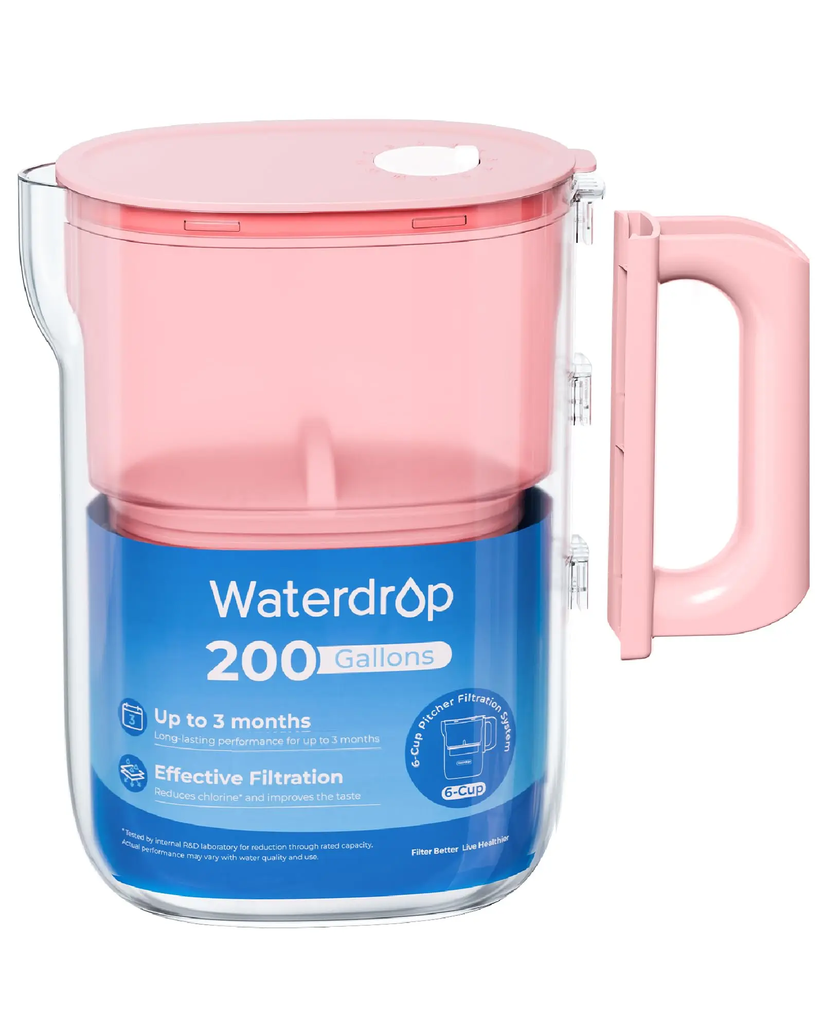 Waterdrop PT-12P Small 6-Cup Water Filter Pitcher For Mini Fridge, Pink, NSF-Certified Filter, 200-Gallon Long-Life, Reduces PFOA/PFOS and Chlorine, BPA-Free, Easy 2-Step Handle Setup