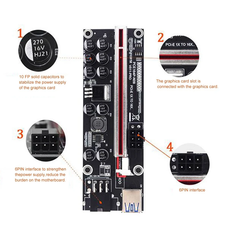 PCI Express Multiplier PCIE 1 To 6 Port USB 3.0 Hub PCI Express 16X 8X 4X 1X VER011 PRO Extender Riser For BTC Mining