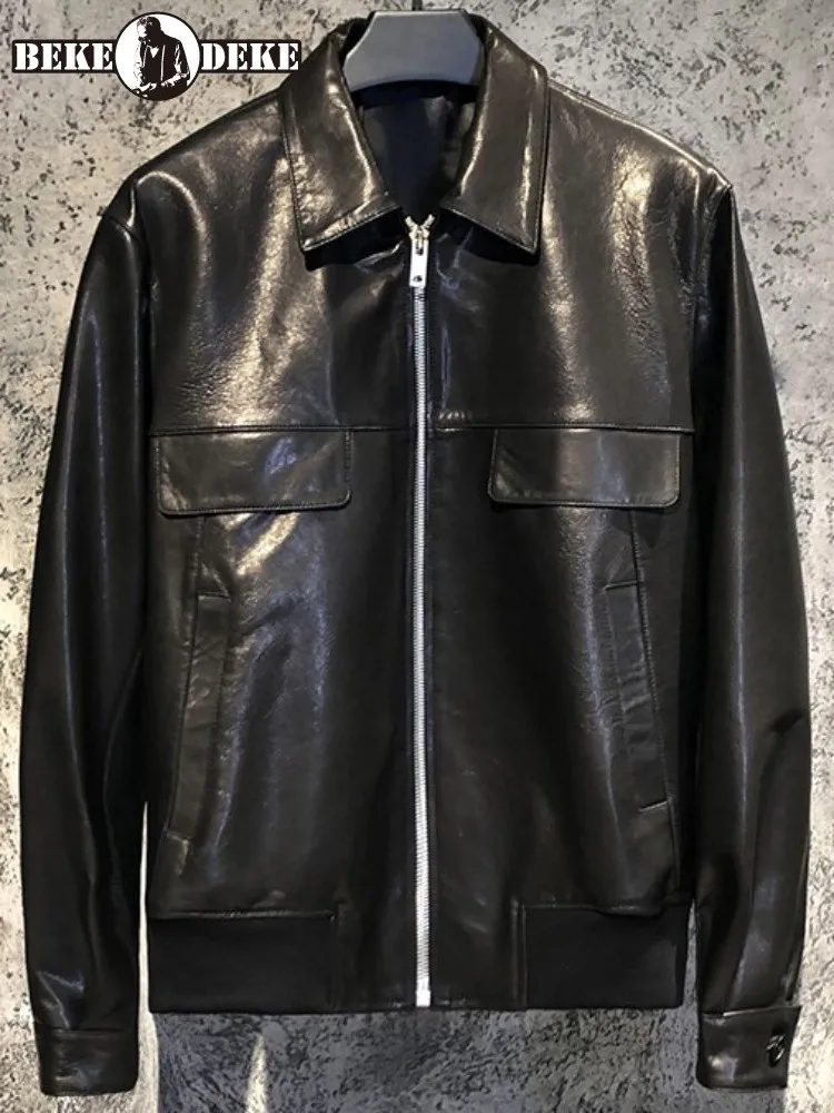 

Лаконичный стиль, куртка из натуральной кожи с длинными рукавами и отложным воротником, однотонная мужская свободная дубленка ручной работы на молнии