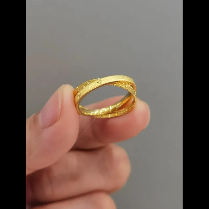 9999 24K real gold brushed double ring cross ring, ancient money style, retro light luxury, high-end eight-pointed star element