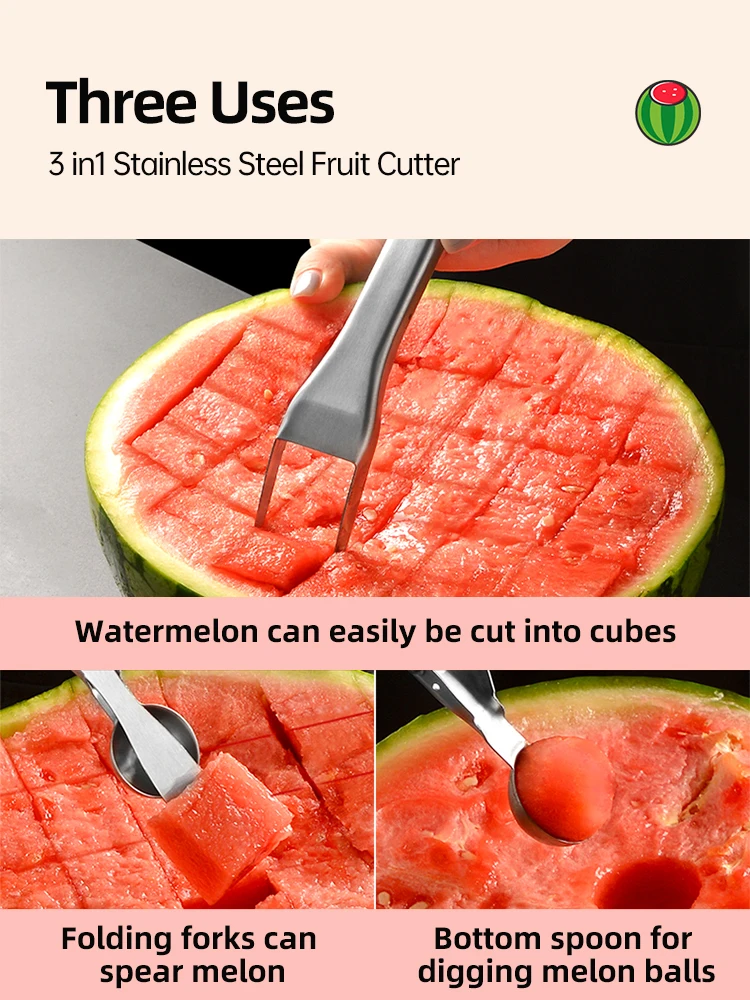 3 In 1 Stainless Steel Fruit Cutter Multifunctional Stainless Steel Watermelon Slicer Fork Cutting Tool Knife & Spoon