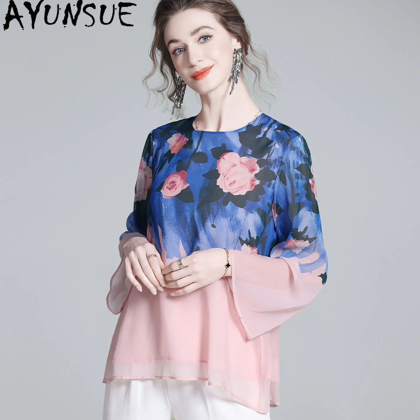 AYUNSUE 100% Natural Mulberry Silk Blouse Women clothes Summer Elegant Womens T-shirts Fashion Print Long Sleeve Блузка Женская