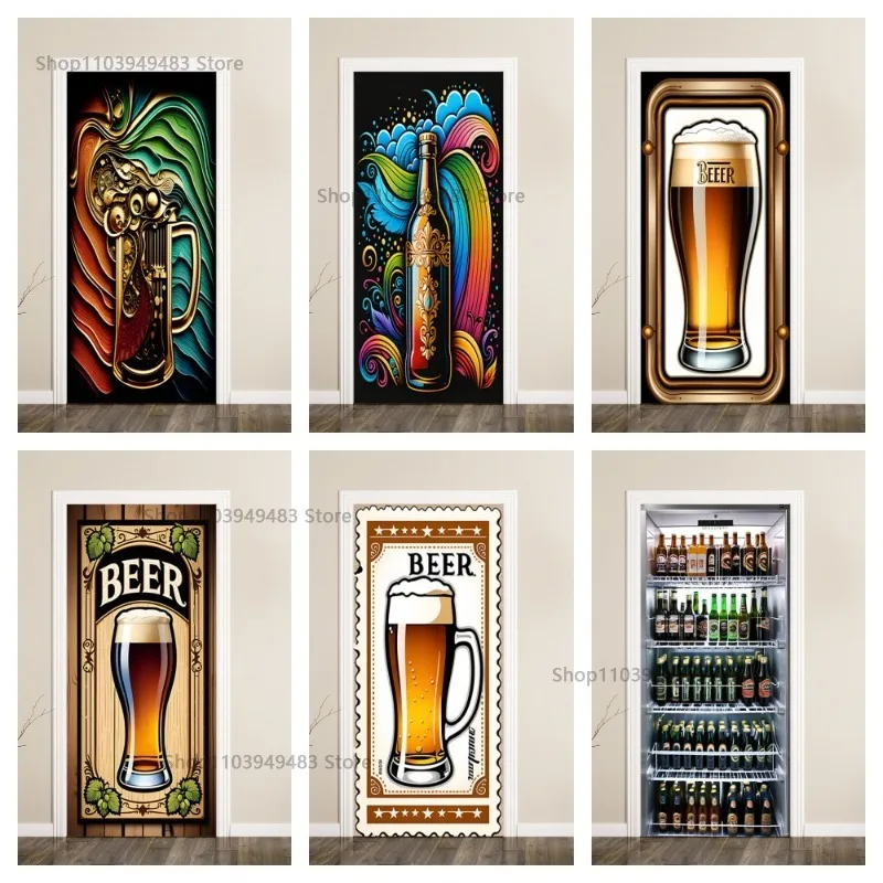 Beer Party Door Mural PVC Waterproof Wallpaper Stickers for Decorative Customize Bar Door Room Cabinets Wall Aesthetics Decor
