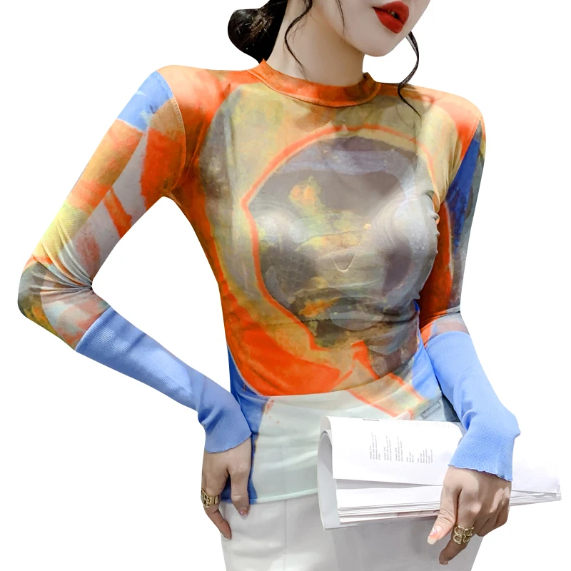 

European Spring Fashion Mesh Placement Printing Long Sleeves Round Neck Strech Women Top