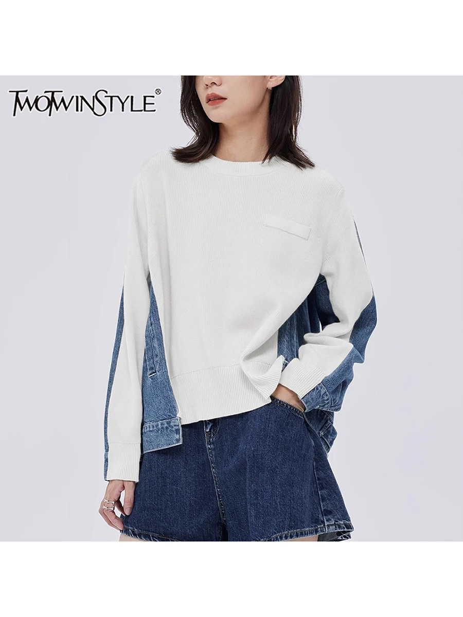 TWOTWINSTYLE Colorblock Spliced Pockets High Street Sweatshirt For Women O Neck Long Sleeve Loose Casual Shirts Female Fashion