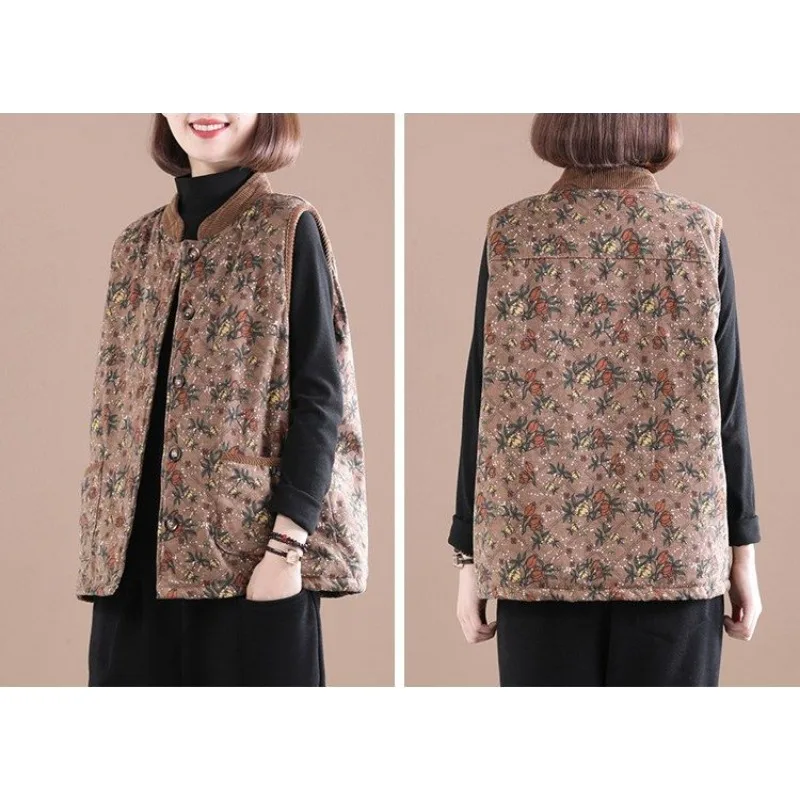 Japanese High Quality Cotton Vest Women Autumn Winter Loose Vintage Print Pocket Waistcoat Tops Warm Vest New Jacket