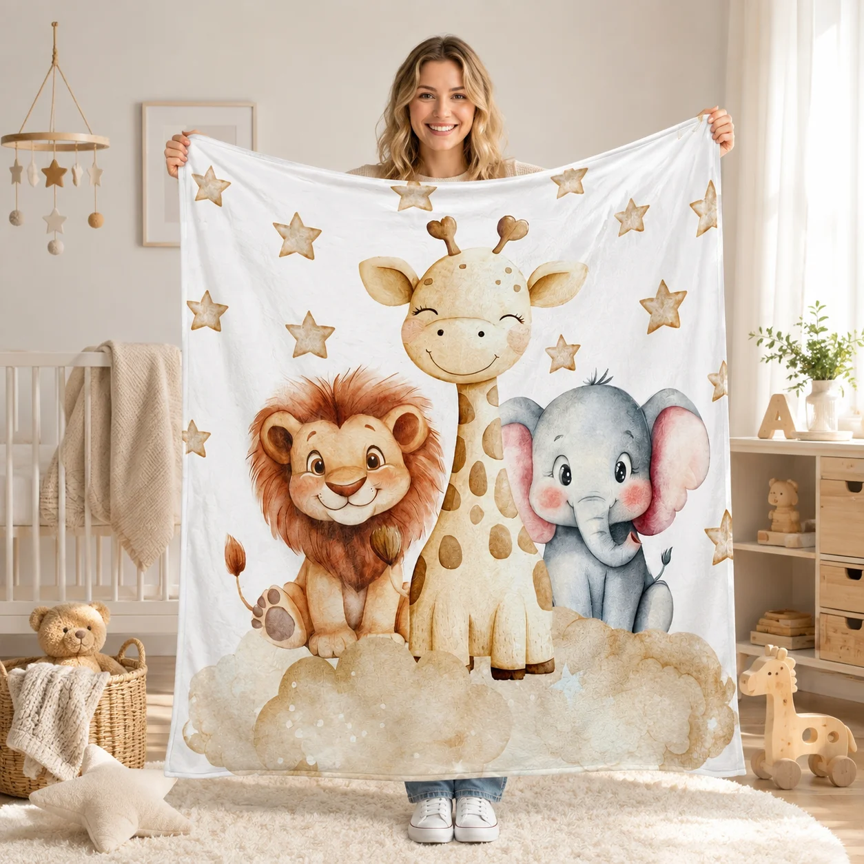 A Digital Print Blanket Featuring Giraffes, Lions, And Elephants in a Cloud And Starry Sky Design, Soft And Comfortable, Tear-Resistant, Suitable for Use on Sofas,, for Napping, Outdoors, Or While Traveling - Perfect for Thanksgiving