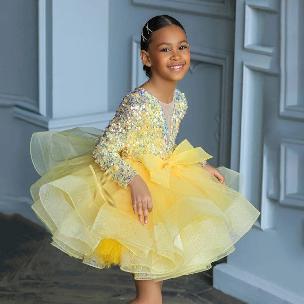 Robe de demoiselle d'honneur à paillettes jaunes pour enfants, manches longues, col rond, grand nœud, fête d'anniversaire, robe de reconstitution historique, Noël