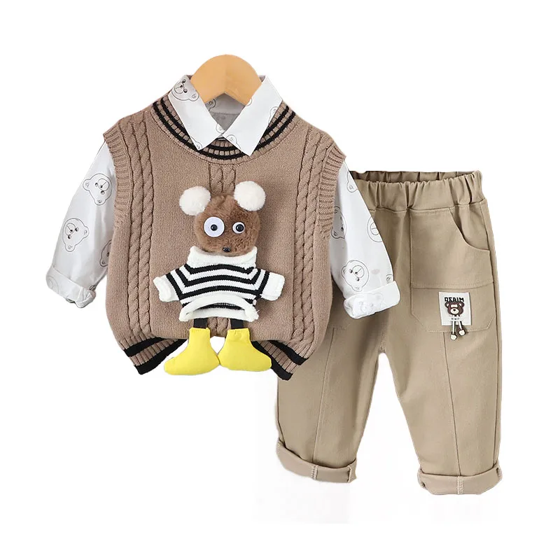 Kids Outfits 2024 Autumn Baby Boy Clothes 12 To 18 Months Cute Cartoon Knitted Sweater Vest + Shirts + Pants Boys Tracksuit Set