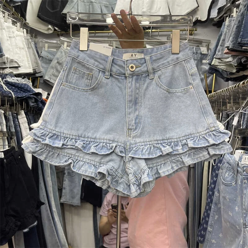 Sweet Style Korean Version Double Layer Wood Grain Ruffle Splicing Design Slim Straight Short Pants High Waist Denim Shorts