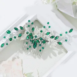 Bride Hairpins Tiaras Rhinestone Green Hair Combs For Women Fashion Beaded Golden Leaf Side Pins Bride Wedding Heapdiece Jewelry