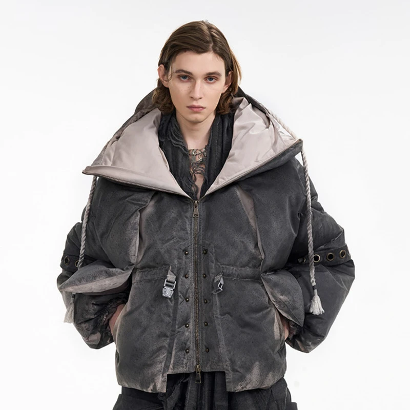HKSH Winter New Men Retro Deconstructed Spliced Rivet Hooded White Duck Down Jacket Trend Fashion Heavy Punk Padded Coat HK14553