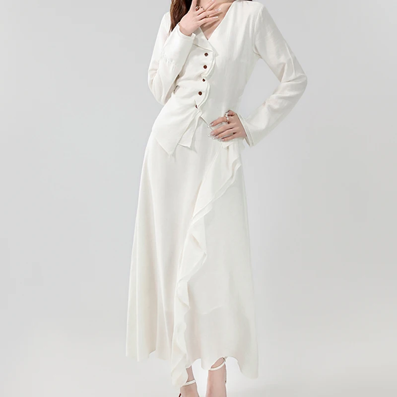 

New Autumn Women Elegant 2-Piece Set Fashion V-Neck Long Sleeve White Tops + High Wiast Ruffles Midi Skirts Casual Party Suit
