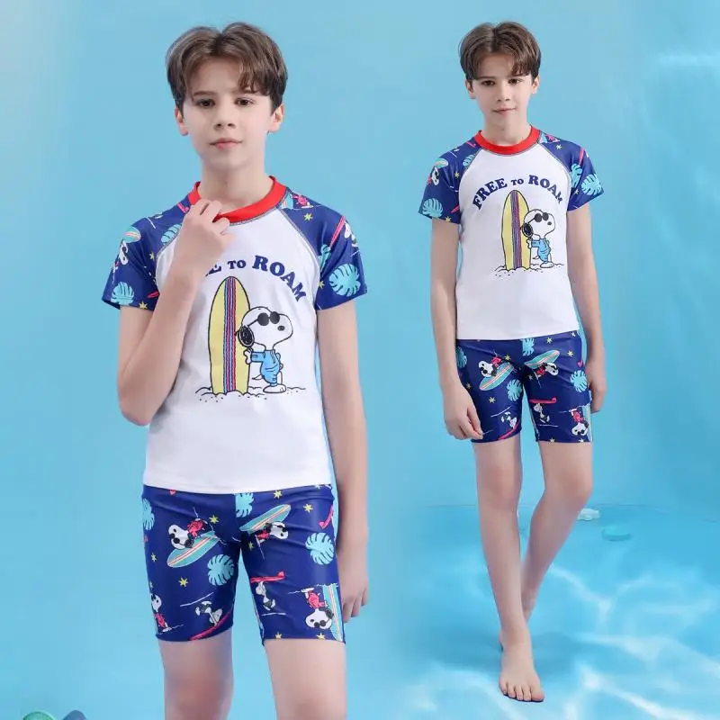Novedad de verano, estilo Snoopy, traje de baño dividido para niños, dibujos animados de Anime, ropa de piscina de poliéster para niños pequeños