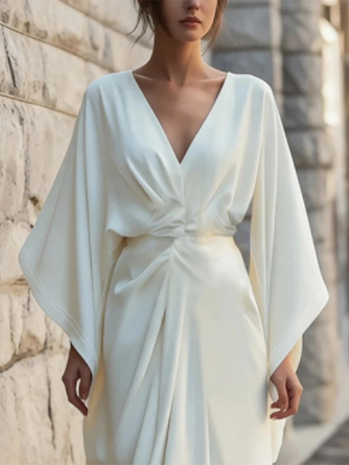 

Women Simple Ruffles Commute Maxi Dress Spring New Fashion V-neck Batwing Sleeve Loose Robes Solid Color High Waist Party Dress