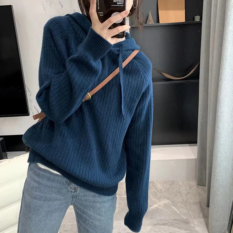 Suéteres con capucha de punto de Color liso para mujer, suéter cálido de manga larga para otoño e invierno, jersey grueso holgado que combina con todo para mujer