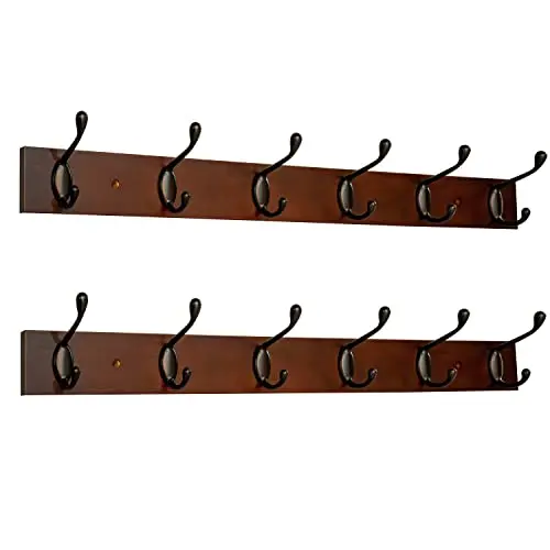 

2-Pack 24-Inch Walnut Finish Wall-Mounted Coat Rack With Six Matte Black Hooks For Coats, Hats, And Bags