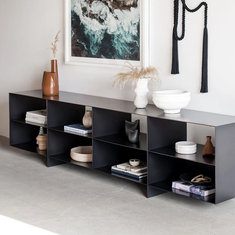 Italian minimalist TV cabinet, elegant living room designer with black metal and all-aluminum alloy.