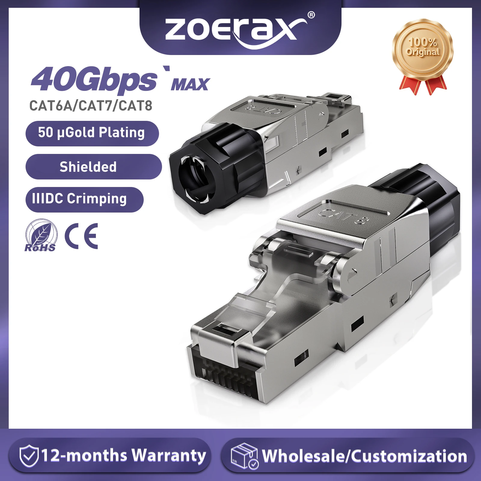 ZoeRax Toolless RJ45 Ethernet Connector Gold Plated Plug Shielded Ethernet Connector for Cat6A Cat7 Cat8 Compatible POE STP