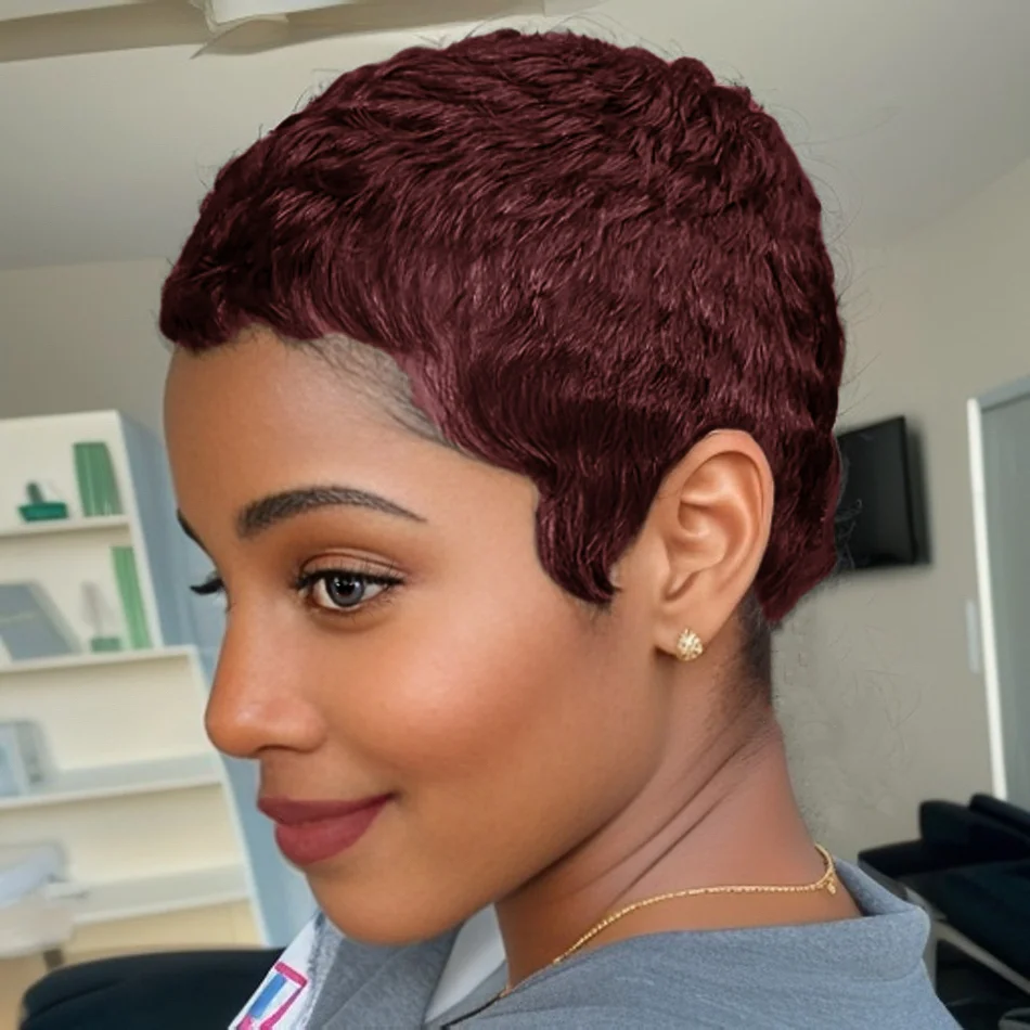 Elegent Short Brazilian Layered Pixie Cut Human Hair Full Machine Made Wigs