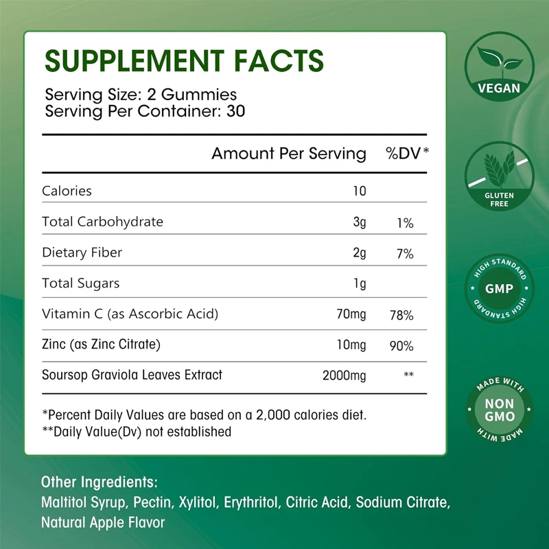 Sourhop Graviola gummies, natural prickly fruit leaf extract, used for immune support and digestion promotion -60 gummies