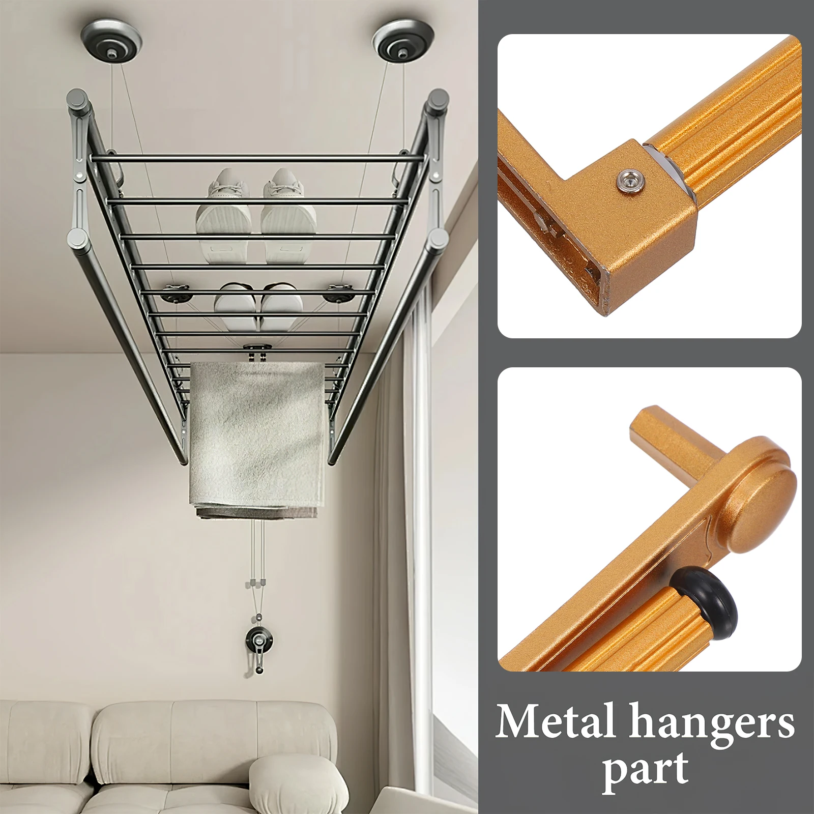 Clothes Rack Crank Handle Silver Aluminum Alloy Balcony Drying Rail Pole Retractable Hanger Universal Compatibility Easy