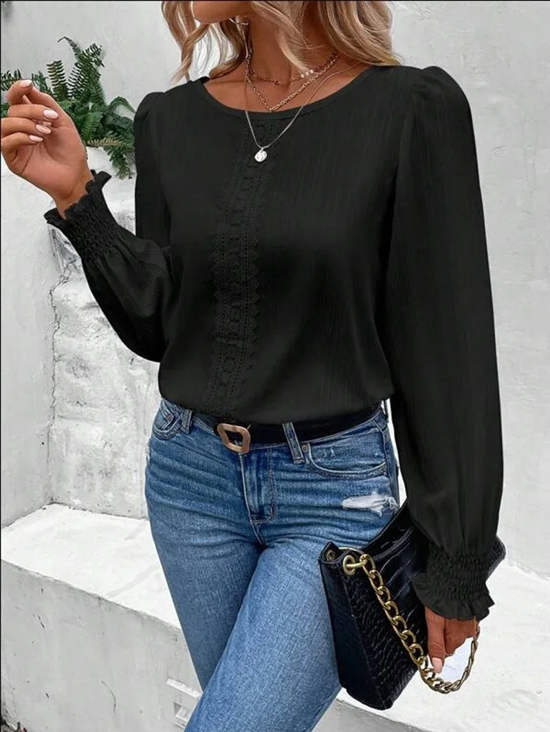 Women's Elegant Pleated Cuffs, O-Neck Pullover, Centre, Solid Color, Lace Decoration Blouse, Female Commuter Casual Knitted Tops