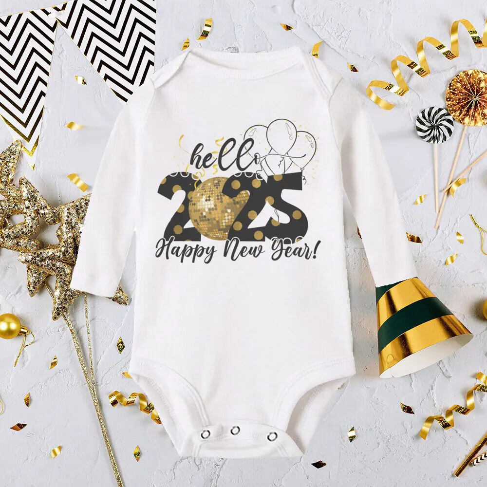 Hello 2025 Newborn Baby Rompers Long Sleeve Infant Jumpsuit It\'s My First New Year Baby Boys Girls New Year Ropa Clothes