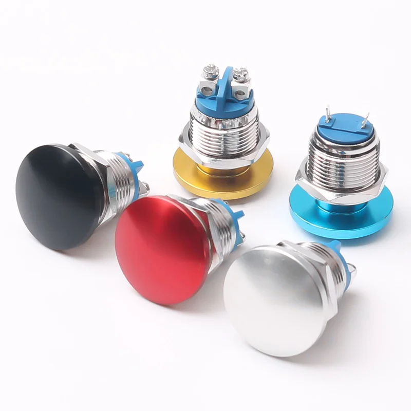 Mushroom Head Metal Push Button Switch 16/19/22MM 1NO Self-Reset Momentary Screw Foot Welding Foot  Red/Yellow/Blue/Green/White