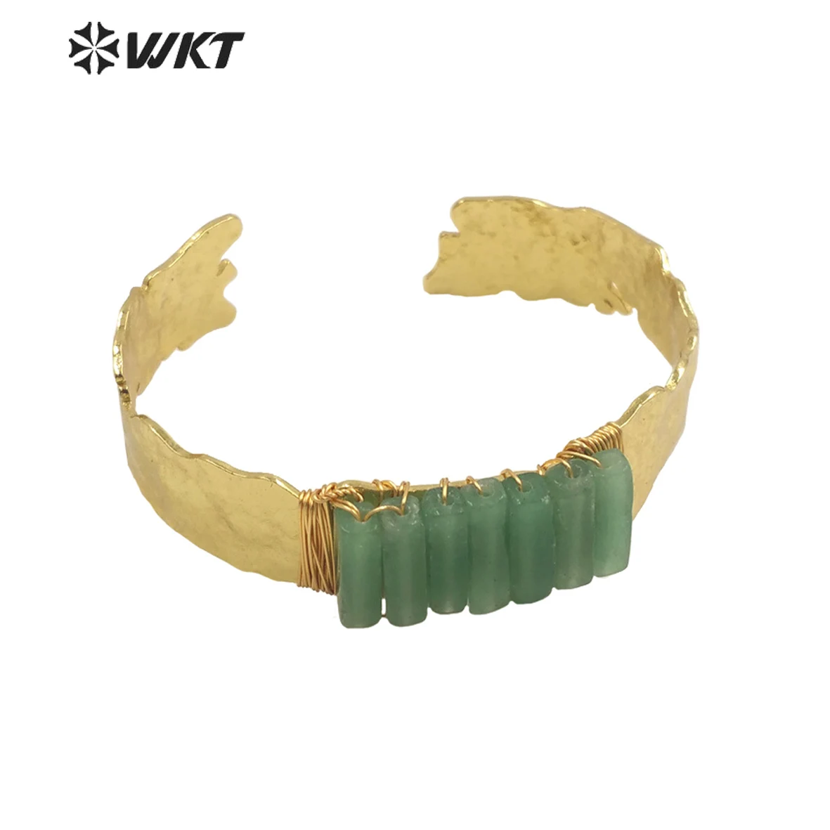 

WT-B618 Wholesale Fashion Gold Open Size Bangle With Natural Gemstone Wire Wrapped Stone Gypsy Style Vintage Aventurine