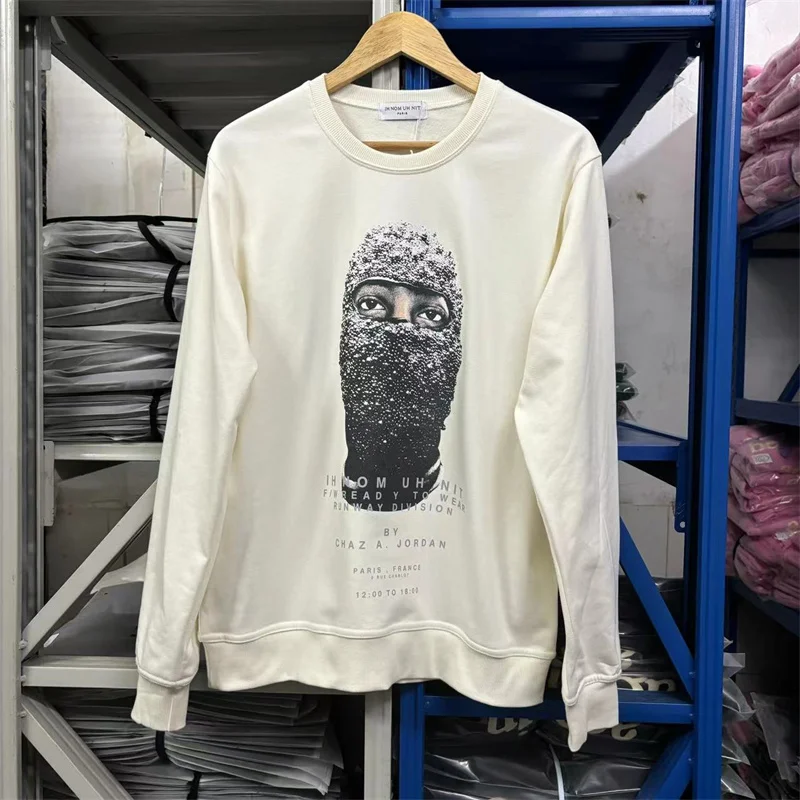 

Street Clothing Mask Man Print Casual Sweatshirt Man Woman Heavy Fabric Best Quality IH NOM UH NIT Black White Loose Pullover