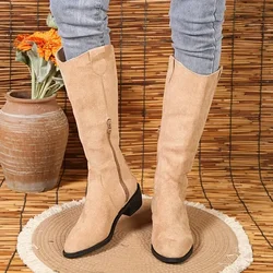 Pointed Toe Women Suede Motorcycle Boots Autumn 2024 Knee High Fashion Mid Heels Chunky Zipper Chelsea Boots Zapatos Mujer Boats