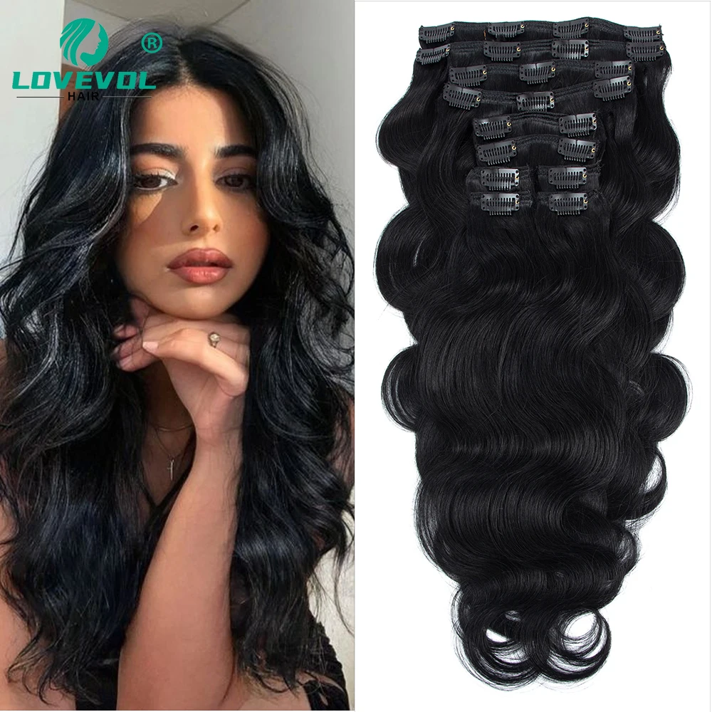 Lovevol 160G Full Head Clip Hair Extensions European Machine Remy Hair Pieces 100% Real Natural Human Hair Clip in Black Wavy