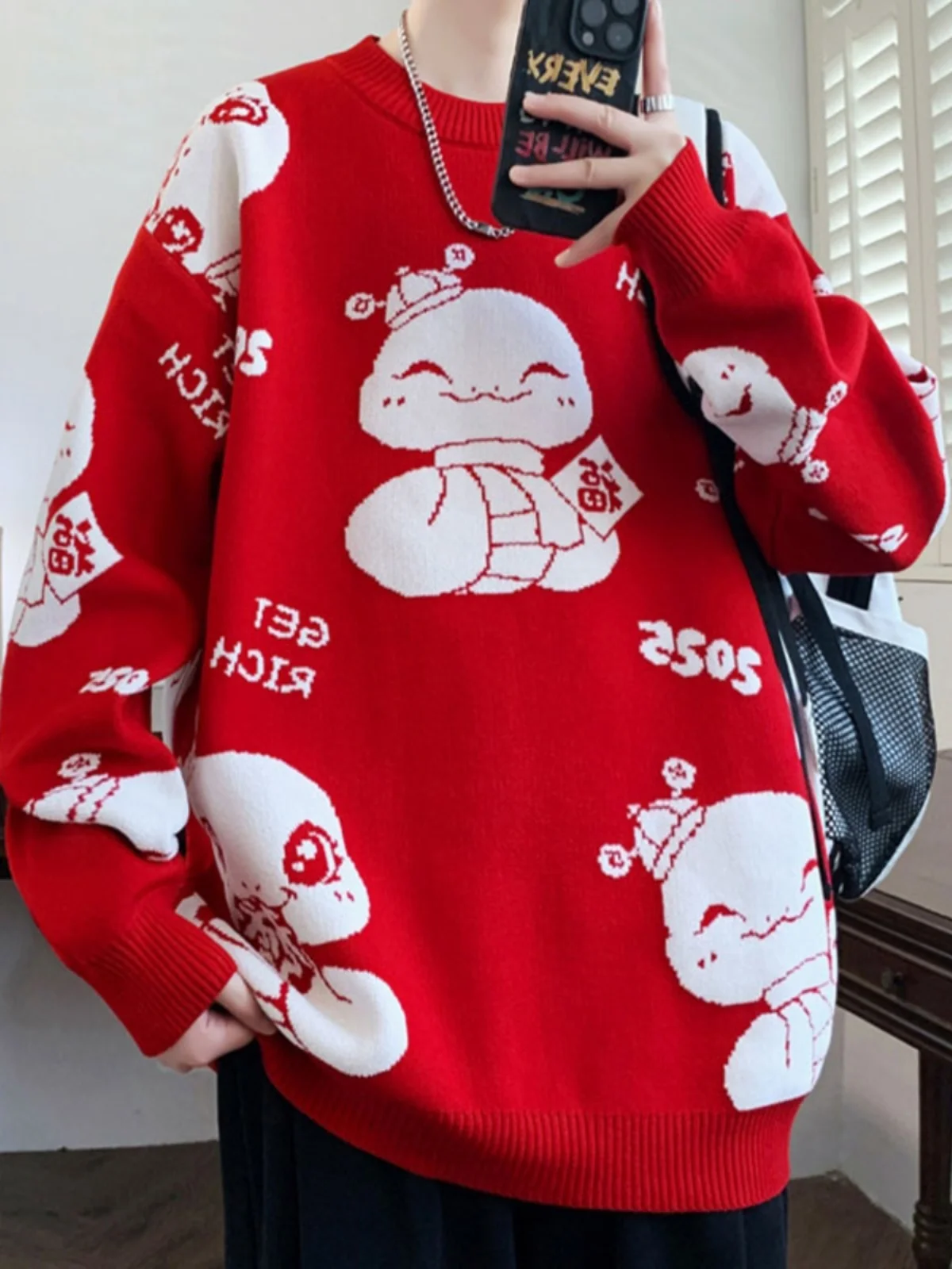 

Red Loose Fit Knitwear for Men 2025 Snake Year Large Size Warm Inner Wear Casual Spring Season round Ne Long Sve Sweater