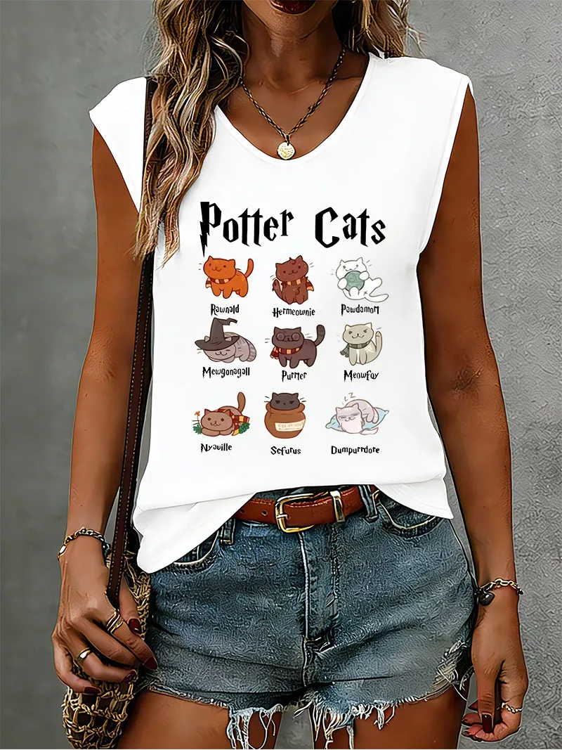 Harajuku Funny Potter Cats Tank Top T-shirt V Neck Casual Fashion Sleeveless Vest T Shirts Women Tee Shirt V-Neck