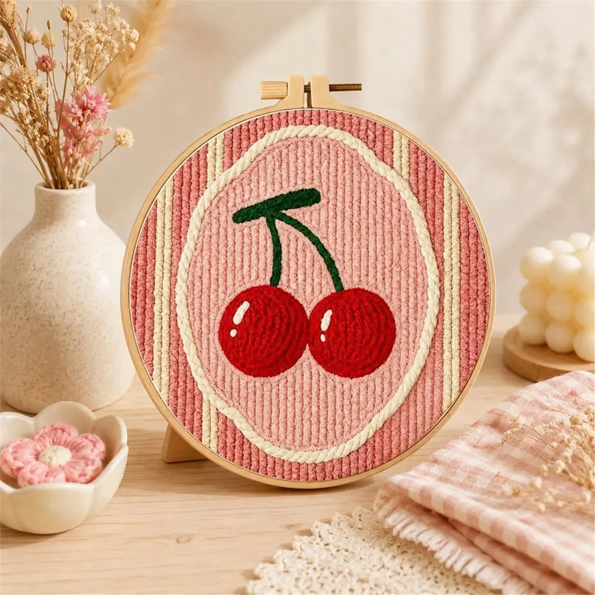 Punch Needle Kit for Adults Beginners, DIY Punch Stitching Embroidery Kit with Cherry Design for Handmade Home Decor