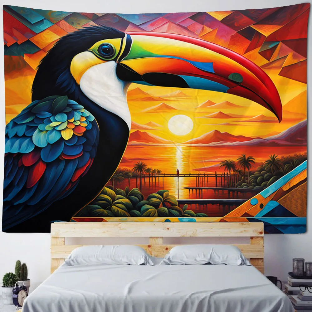 

Colorful landscape tapestry psychedelic bird phoenix owl print wall hanging hippie dormitory room decoration background fabric