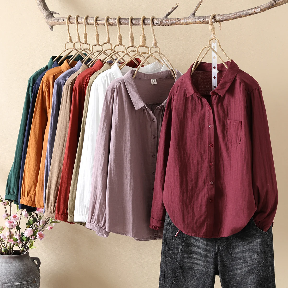 Camisas de hilo de algodón para mujer, blusas lisas de otoño y primavera, Tops de manga larga para mujer, camisa básica de otoño suave y agradable