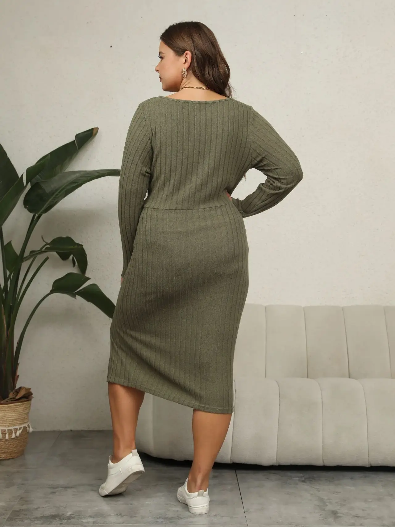 KEBY ZJ Plus Size Women's Clothing Autumn Winter Bodycon Dress Solid Casual Long Sleeve Side Split Sexy Elegant Midi Dresses