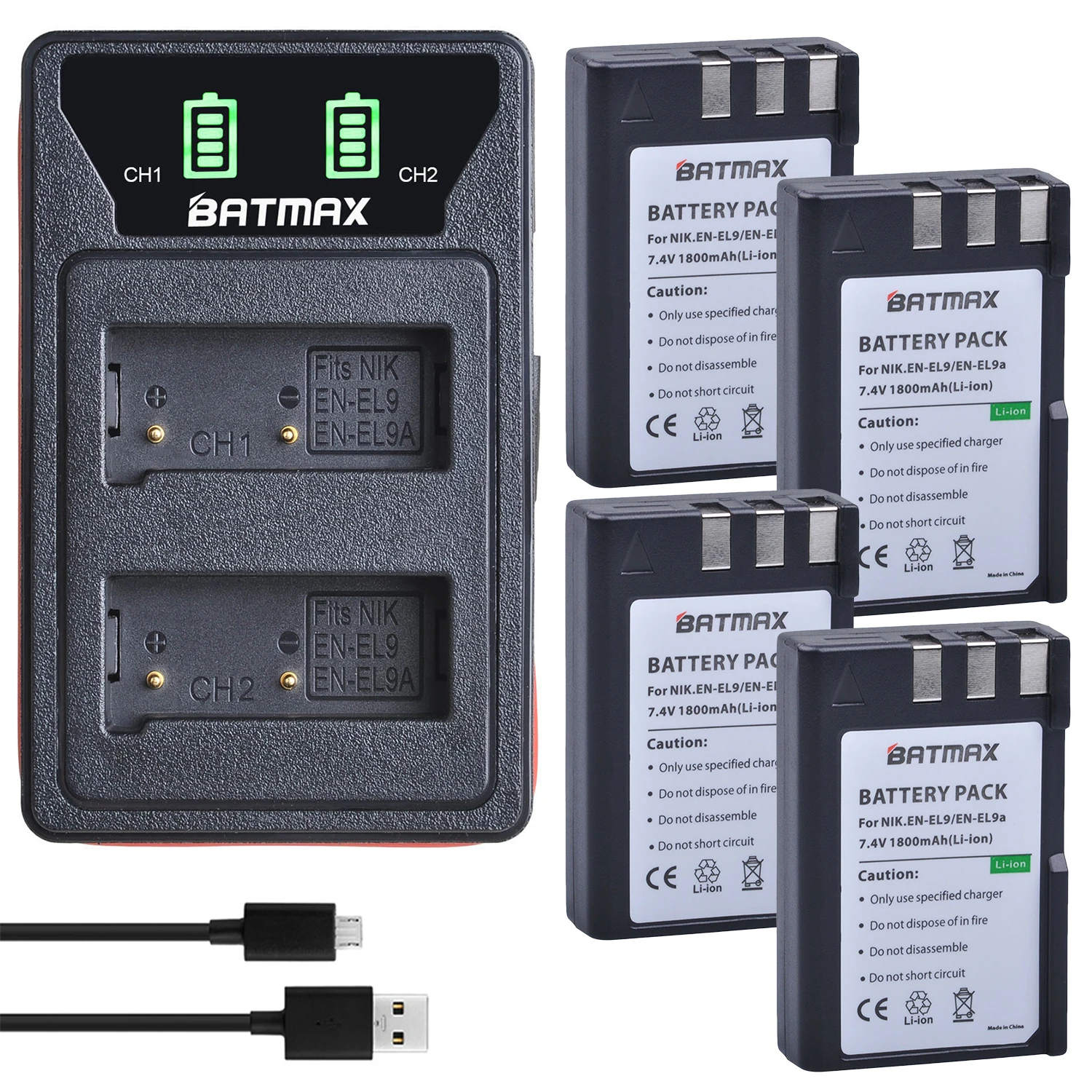 

1800mAh EN EL9 EN-EL9 EN EL9A ENEL9 Batteries + LED Dual USB Charger with Type C Port for Nikon D3000 D5000 D40 D40x D60 Camera