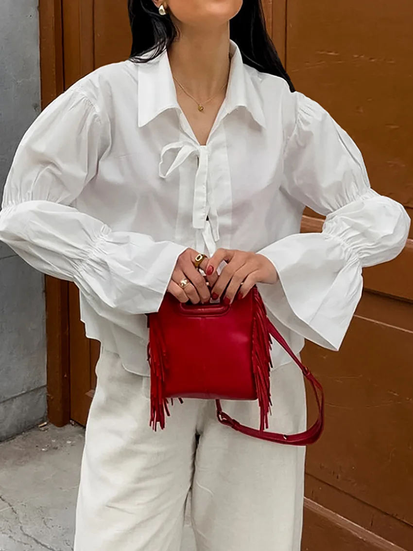 Blusa com decote em v oca para mulheres, tops xadrez doce, pregas com laço, blusa de botão com renda, manga folhada, sólida, verão