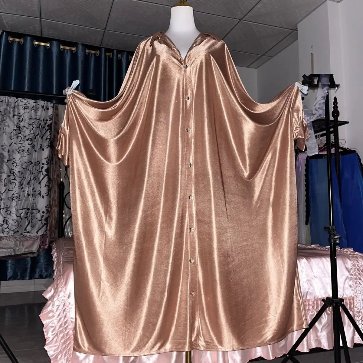 

Glossy Sexy Unisex Satin Maxi Dress Batwing Sleeve Loose Night Dress Sleeping Robe